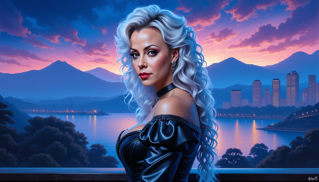 AM-LoRa-Zip6, Alyssa Milano , wow portrait with half side view with a stunning landscape as background, looking at you, wearing a neon blue and black victorian leather corsage dress, white hair, breathtaking super long curly hair, clear and detailed bright eyes, photorealistic beautiful seductress, twilight sky, gloomy, choker style colar, beauty clear and detailed color eyes, detailed face, cyperpunk, full body, magic fantasy, wow effect, rubens style
