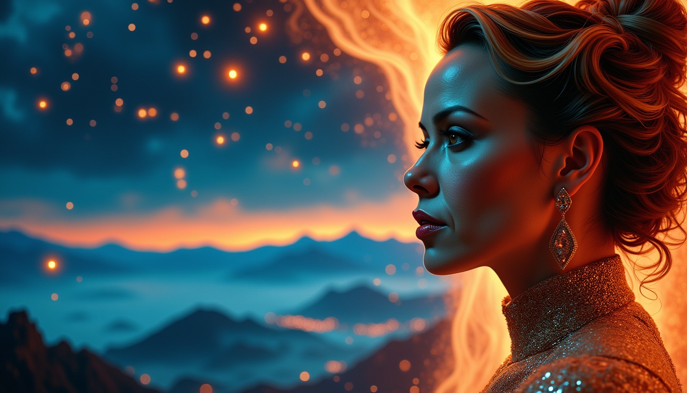 AM-LoRa-Zip6,  A View to the infinity, a Woman with a face who looks like a fusion between Amy Adams, Gal Gedot and Kate Bakinsale, full body view, Shows emotions, Artwork "Emotions distort reality", a twighlight mood, some bright lights, intricate artwork masterpiece, ominous, matte painting movie poster, golden ratio, trending on cgsociety, intricate, epic, trending on artstation, by artgerm, and beksinski, highly detailed, vibrant, production cinematic character render, ultra high quality model, close up portrait photo by Annie Leibovitz, film, studio lighting, detailed skin, ultra realistic, bokeh, sharp features, close up portrait photo by Annie Leibovitz, film, studio lighting, detailed skin, ultra realistic, bokeh, sharp features