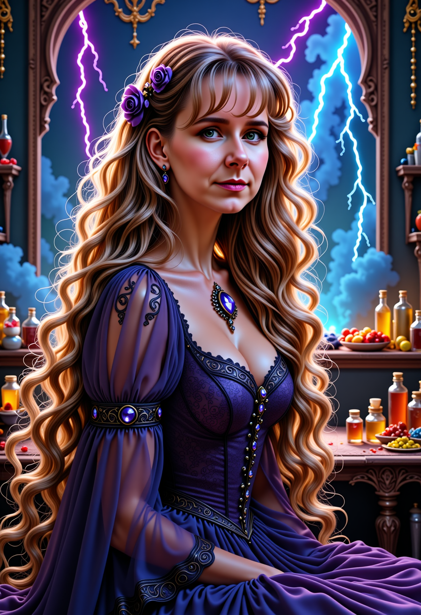MO-LoRa-Multi, Lena Magic, A beautiful witch looks like Lena Meyer-Landrut, long wavy hair cascading down her back, full lips, clear eyes, a breathtaking victorian dress, a room with many jars and pots of colored stones and spices, lightning and colored smoke, a spell, magical powers, fairytale theme, breathtaking illustration from magic the gathering, Magic in the air, magic luminous multicolor swirling smoke and glowing particles, glowing illumination, painting by Artgerm, 4K, HDR, detailed face, cyberpunk, full body, magic fantasy, wow effect
