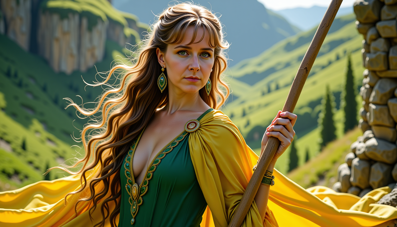 MO-LoRa-Multi, Wheel of time, beautiful character Nynaeve al'Meara, hairstyle one long brown thick plait, white skin, Age 25, green dress, yellow cape, long wooden stick in here hand, fantasy art like marvel, close up portrait photo by Annie Leibovitz, film, studio lighting, detailed skin, ultra realistic, bokeh, sharp features, amazing landscape as background, isometric, mural, graffiti, composition, masterpiece, trending on artstation, adobe stock, freepik, 8K, unreal, blender, masterpiece,
