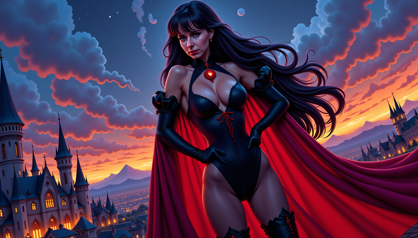 MO-LoRa-Multi, as Vampirella with sexy dark red dress, long straight hair with line bangs, beauty face, against a castle background bathed in twilight ambience, Greg Rutkowski style comic painting, city lights beginning to twinkle, cape billowing, dramatic pose, strong contrast, glowing emblem, detailed skyline, dynamic shadows, cinematic, highly detailed.