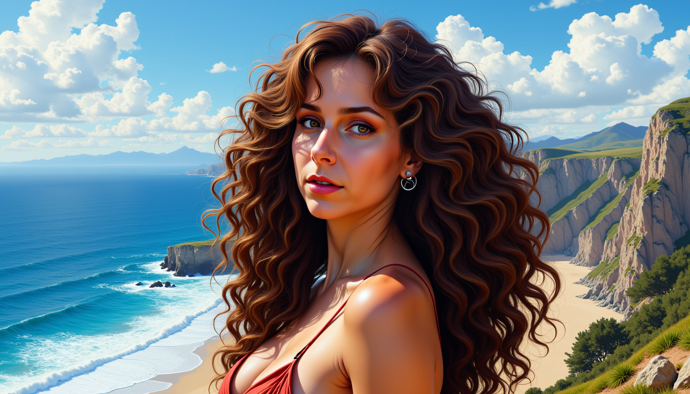 VS-LoRA-Zip2, as LISA PEET,  Artgerm Painting of a Beautiful Woman, looks like a fusion of Lisa Niemi and Amanda Peet, Age 35, full body view, long curly hairstyle, perfectly centered, looks right at you, in the background a amazing view to a cliff about the ocean, artgerm painting style