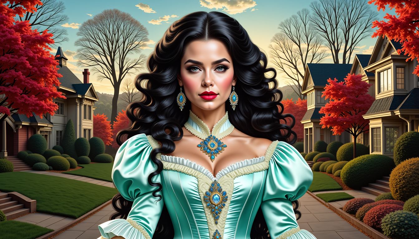 FantasyWomanLoRa, , Monica Eastland clad in Victorian attire,  clear and detailed eyes, comic book style by Luiza Lima, amazing sexy mint victorian dress, breathtaking curly long hair, a stunning view to a suburbia in Michigan, twilight mood, ink pen full body art, showcasing detailed facial features contrasted by red lips, designed, seamlessly blended within a double exposure composition, 4k resolution, ultra-detailed, digital painting, delicate aesthetic. 
