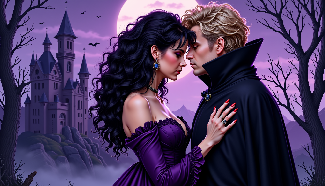 VS-LoRA-Zip2, VS-LoRA-Zip2, depicted as a female vampire with black curly victorian hairstyle in a dark purple Victorian dress, in an embrace with a beautiful man with blond hair dressed in a black cape, wrapped in moonlight mood next to a castle, cartoon comic style by Luiza Lima, ink pen precision, vivid red mouth, double exposure effect creates a delicate overlay, beautiful rendering in high resolution 4K, detailed image.