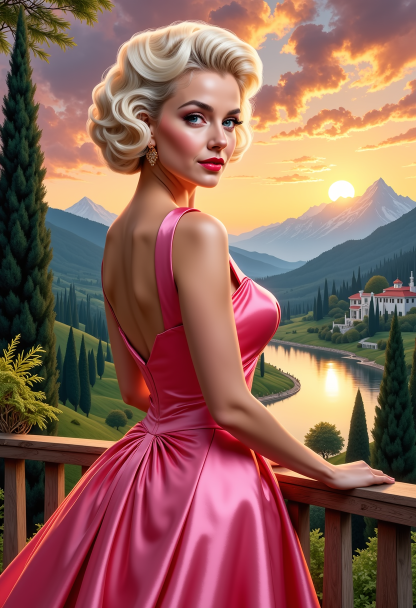 FantasyWomanLoRa, Brooke Burns looks like Marilyn Monroe [white hair Beauty], a blend of Artgerm and Rubens style [very detailed painting in the tradition of Hudson River School], beauty short "Italian hairstyle" of the 50s, clad in a stunning 1950s pink dress, looking at you, against a dramatic landscape of Hereafter bathed in the magic glow of twilight, stunning Hereafter landscape, victorian villa, forrest, Dream-View, Lake, backlighting, soft shadows, vibrant skyline, intricate fabric textures, hyper-detailed, golden hour ambiance, ultra realistic, wow effect