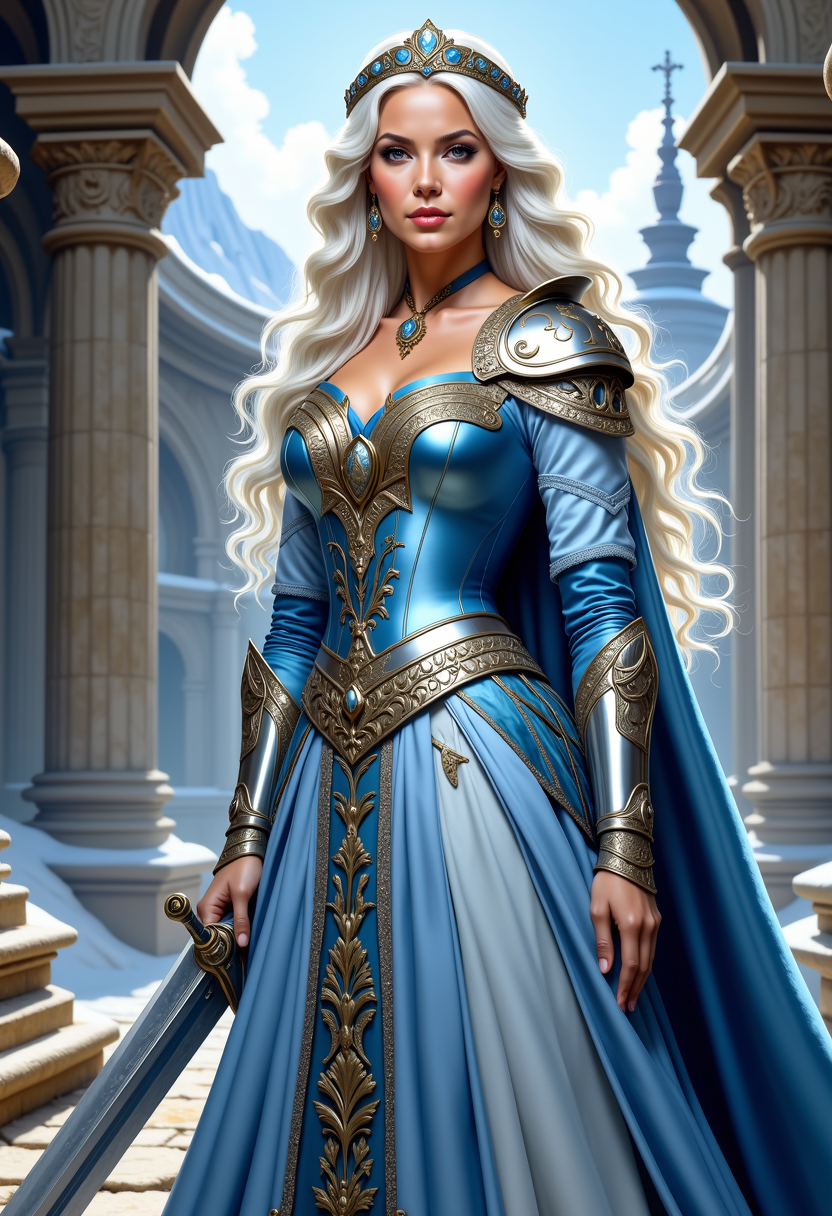 Leandra (The Brave) (her face looks like Jennifer Lopez),  with the full title Sera Maestra Leandra de Girancourt, also known as the White Queen, Daughter of the Gods, Redeemer of Worlds, Daughter of the Dragon, Paladin of Light and Conqueror of Darkness, is the Queen of Illian. She is sword-bound to the spellsword Stoneheart. Leandra is also the friend and rider of Steinwolke, a king's griffon. She is beautiful. She has violet eyes and long wavy white hair. Wearing a light blue armor, 