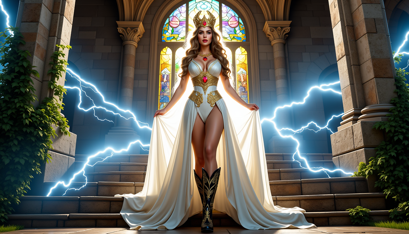 FantasyWomanLoRa, 
A dramatic fantasy portrait features a powerful female character standing confidently on weathered stone steps in an ancient cathedral-like setting. The central figure is adorned in an elegant white gown with intricate gold trim, creating a high-contrast ensemble that stands out against the dark background. She has a clear and beauty face with breathtaking large and beauty eyes. The dress has a fitted bodice with a deep V-neckline and gold accents, transitioning into a flowing skirt with asymmetrical hemlines. A prominent golden belt cinches the waist, leading to a high slit revealing her leg. Her right hand delicately holds the edge of her flowing train, while her left hand casually lifts the sleeveless design. The costume includes a sheer overlay on the upper arms and a high slit, showcasing her legs. She wears black cowboy boots with elaborate gold embroidery featuring wing-like designs, adding a touch of modern style to the regal attire. Her accessories include an ornate golden crown with jewels, a matching necklace with intricate designs, and a prominent red gemstone at the center of her chest piece. Her long, wavy hair flows dramatically behind her, partially illuminated by soft light. Surrounding her are vibrant arcs of lightning in white and electric blue tones, creating dynamic visual effects against the dark background. This electrical display emits bright flashes and glowing sparks, enhancing the mystical atmosphere. The background showcases ornate columns, ivy growing on the steps, and a large stained glass window with abstract blue, green, yellow, and purple patterns casting a colorful glow. The scene is set during sunset, with warm golden hues illuminating parts of the environment, contrasting with the cool tones of the lightning. The overall mood is intense and magical, emphasizing the woman's commanding presence and the interplay between light and shadow.
