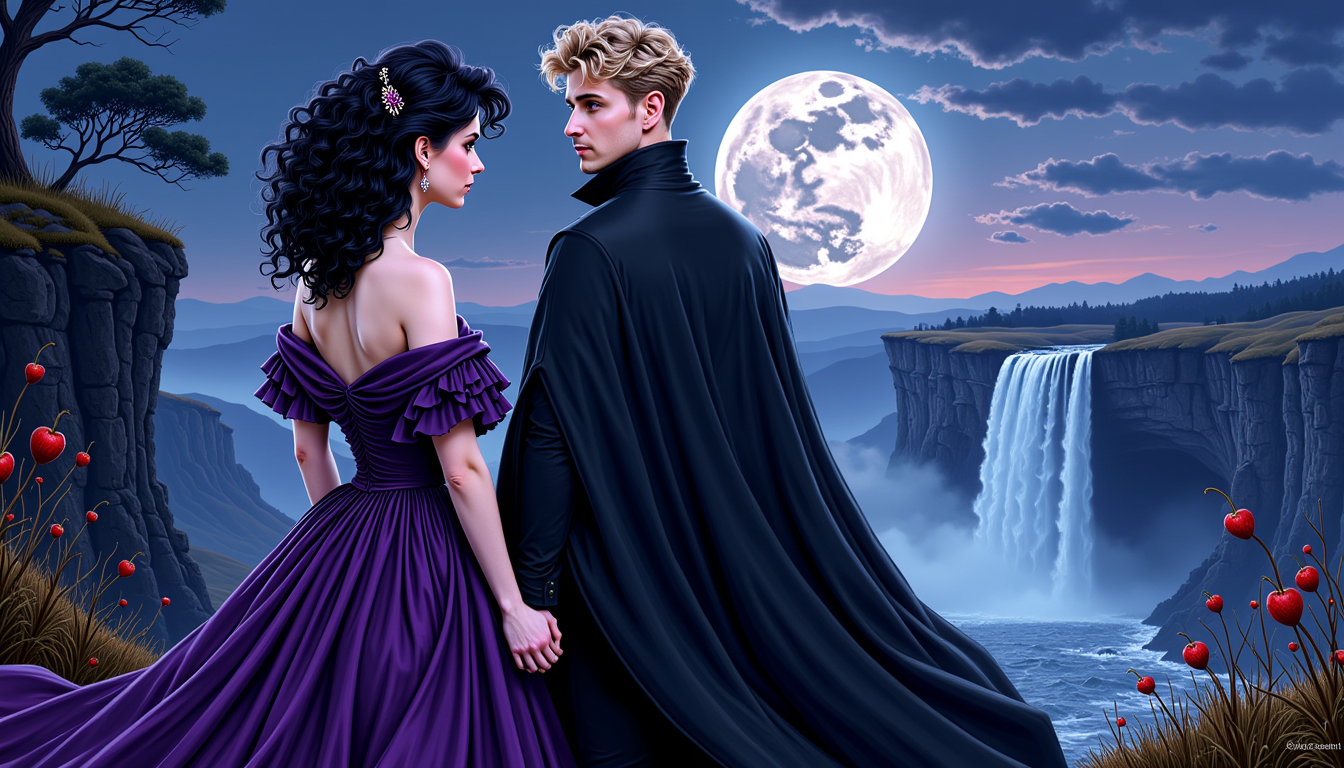 VS-LoRA-Zip2, depicted as a female vampire with black curly victorian hairstyle in a dark purple Victorian dress, in an embrace with a beautiful man with blond hair dressed in a black cape, A couple walking hand in hand towards the horizon, its a November Night where a large moon illuminates the landscape, wrapped in moonlight mood next to a cliff with a waterfall, cartoon comic style by Luiza Lima, ink pen precision, vivid red mouth, double exposure effect creates a delicate overlay, beautiful rendering in high resolution 4K, detailed image.