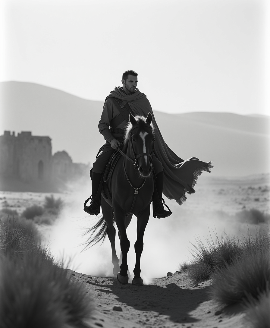 "A highly stylized and dramatic cinematic photograph with a shallow depth of field, shot on a high-contrast black and white film. The image features a lone warrior riding a horse through an ancient desert landscape, evoking a sense of mystery and tension. The subject pops against a blurred, gradient background of distant dunes and a crumbling fortress. Intentional lens flares streak across the frame, adding movement and drama, while subtle film grain enhances the raw, timeless atmosphere. The warrior's cloak billows in the wind, and his determined gaze hints at an unresolved past. The composition is masterfully balanced with light and shadow, creating a visually compelling moment of suspense and history."
