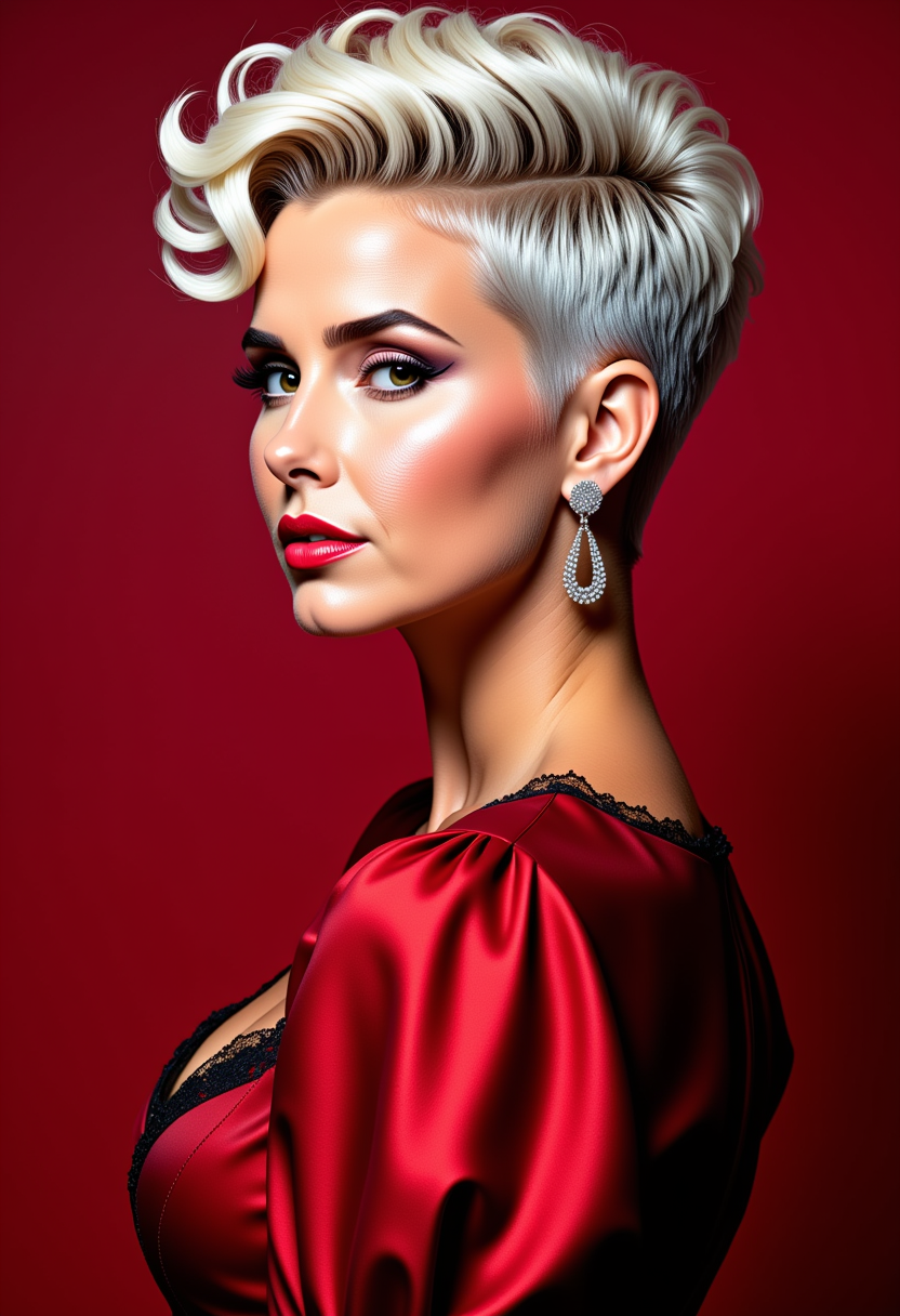 Katie-LoRA-Zip, Pixie-LoRA12I, as a Beauty white blonde woman portrait, wears a dark red dress with puff sleeves and 80's style lace at the neckline, a super short pixie hairstyle, razor short over ears and on the nape, curls on the top of the head, 
Step-free transition from the short to the longer hair sections