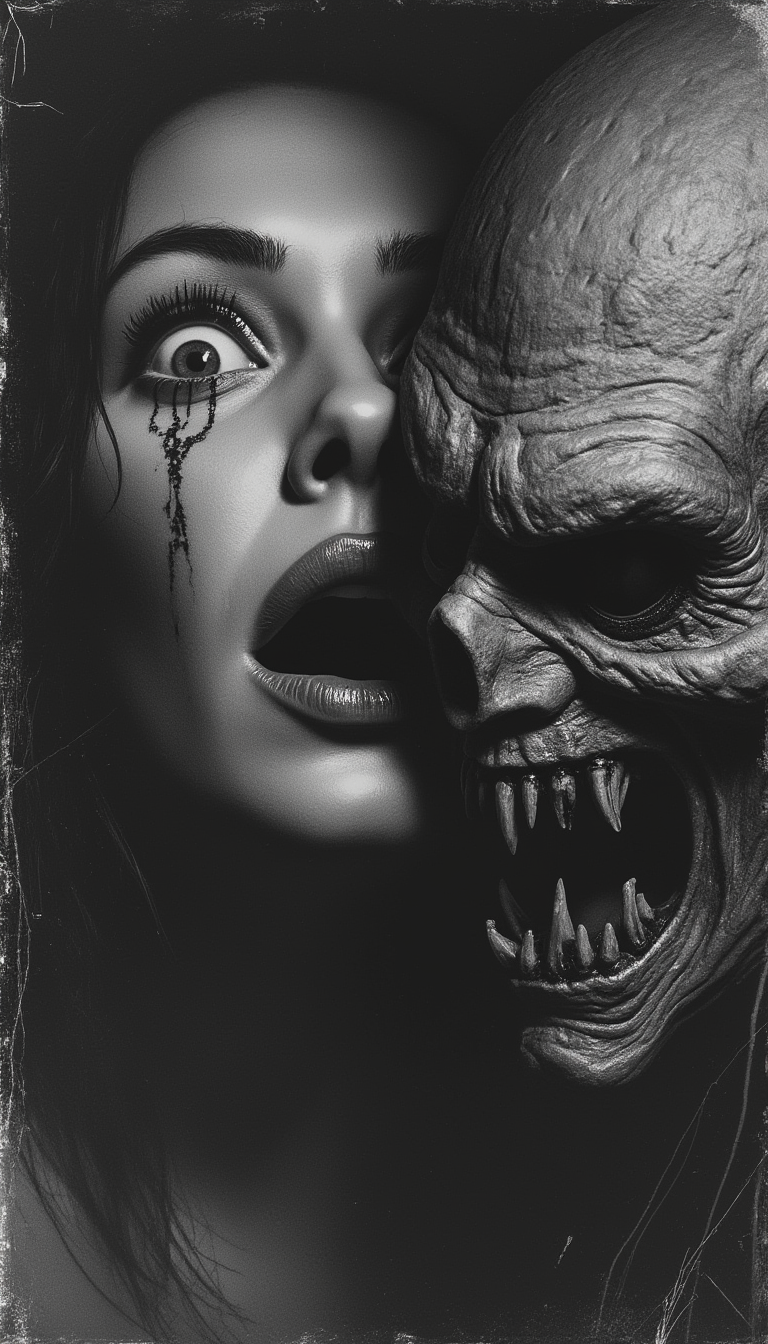 This image appears to be a black and white photograph with a gritty, textured style. The photograph features a woman's face on the left side, with her eyes wide open and a look of fear or shock. There is a noticeable streak of blood running down from her left eye, adding to the dramatic and intense atmosphere.

On the right side of the image, there is a grotesque, monstrous face with a distorted and menacing expression. The creature has sharp teeth, a wrinkled and decayed appearance, and an overall eerie and unsettling presence. The contrast between the woman's face and the monstrous creature creates a sense of tension and horror.

The overall tone of the image is dark and ominous, with high contrast between light and shadow, enhancing the dramatic and suspenseful mood. The texture and graininess of the image contribute to its gritty and raw aesthetic.