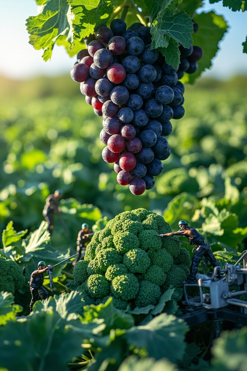 A giant bundle of grapes where tiny workers are trimming and arranging the florets. Some use tiny scissors to refine the edges, while others organize the florets into a perfect display. A crane operated by miniature workers lifts a massive broccoli floret into place. The scene is alive with the rich textures and patterns of broccoli, highlighted by bright, clear lighting. Ultra HD, macro shot, cinematic lighting, vibrant and fresh atmosphere.

