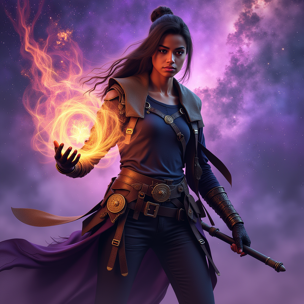 Ella-Forspoken-LoRA12, This image is a digital artwork that exudes a sense of fantasy and mystique. The art style is highly detailed and realistic, with a cinematic quality that suggests it could be a promotional piece for a video game or a concept art piece for a film. The medium appears to be a digital painting, utilizing advanced software to create textures, lighting, and depth.The colors in the image are rich and vibrant, with a predominance of purples and blues that give off a cosmic and otherworldly feel. These colors are complemented by warm tones of orange and yellow, which are used to highlight the magical energy emanating from the subjects hand. The contrast between these cool and warm colors creates a visually striking effect.The subject of the image is a person, dressed in a dark, textured outfit that suggests a blend of practicality and mystique. The clothing has a rugged, battleworn appearance, with straps, buckles, and pouches that add to the characters adventurous persona. The person is wearing gloves that are detailed with intricate patterns, and their hair is styled in a way that suggests movement and untamed beauty.The most striking element of the image is the magical energy that the subject is channeling. This energy is depicted as a swirling, colorful orb that is held in the subjects hand. The orb is a symphony of colors, with shades of pink, purple, orange, and yellow, all blending together to create a mesmerizing visual effect. The energy appears to be alive and dynamic, with sparks and tendrils that suggest movement and power.The background of the image is a swirling nebula, filled with stars and cosmic dust. This nebula is a deep shade of purple, with lighter purple and blue hues that give it a sense of depth and dimension. The stars are scattered throughout, adding to the feeling of vastness and mystery. The overall effect is one of awe and wonder, as if the subject has tapped into a cosmic force that is beyond human comprehension.In summary, this image is a digital artwork that captures the essence of fantasy and mystique through its use of rich colors, detailed textures, and a cinematic art style. The subject, dressed in a battleworn outfit, channels a magical energy that is depicted as a swirling, colorful orb. The background features a swirling nebula, filled with stars and cosmic dust, enhancing the otherworldly feel of the piece.