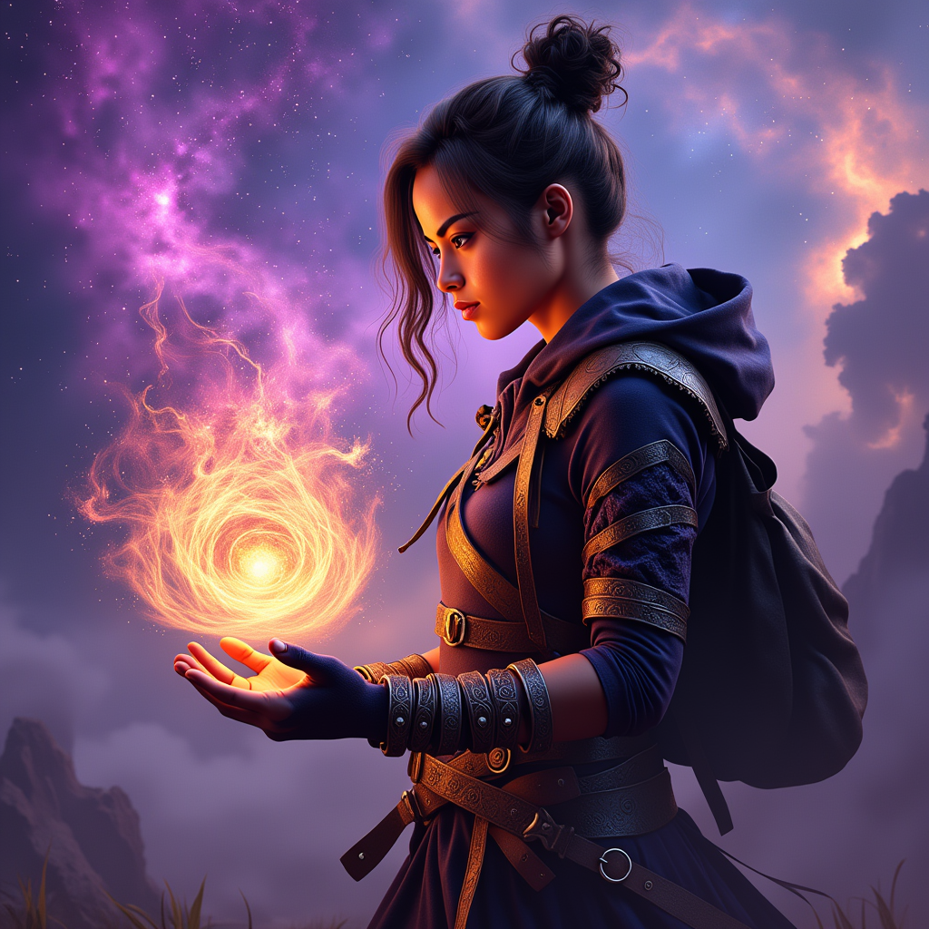 Ella-Forspoken-LoRA12, This image is a digital artwork that exudes a sense of fantasy and mystique. The art style is highly detailed and realistic, with a cinematic quality that suggests it could be a promotional piece for a video game or a concept art piece for a film. The medium appears to be a digital painting, utilizing advanced software to create textures, lighting, and depth.The colors in the image are rich and vibrant, with a predominance of purples and blues that give off a cosmic and otherworldly feel. These colors are complemented by warm tones of orange and yellow, which are used to highlight the magical energy emanating from the subjects hand. The contrast between these cool and warm colors creates a visually striking effect.The subject of the image is a person, dressed in a dark, textured outfit that suggests a blend of practicality and mystique. The clothing has a rugged, battleworn appearance, with straps, buckles, and pouches that add to the characters adventurous persona. The person is wearing gloves that are detailed with intricate patterns, and their hair is styled in a way that suggests movement and untamed beauty.The most striking element of the image is the magical energy that the subject is channeling. This energy is depicted as a swirling, colorful orb that is held in the subjects hand. The orb is a symphony of colors, with shades of pink, purple, orange, and yellow, all blending together to create a mesmerizing visual effect. The energy appears to be alive and dynamic, with sparks and tendrils that suggest movement and power.The background of the image is a swirling nebula, filled with stars and cosmic dust. This nebula is a deep shade of purple, with lighter purple and blue hues that give it a sense of depth and dimension. The stars are scattered throughout, adding to the feeling of vastness and mystery. The overall effect is one of awe and wonder, as if the subject has tapped into a cosmic force that is beyond human comprehension.In summary, this image is a digital artwork that captures the essence of fantasy and mystique through its use of rich colors, detailed textures, and a cinematic art style. The subject, dressed in a battleworn outfit, channels a magical energy that is depicted as a swirling, colorful orb. The background features a swirling nebula, filled with stars and cosmic dust, enhancing the otherworldly feel of the piece.