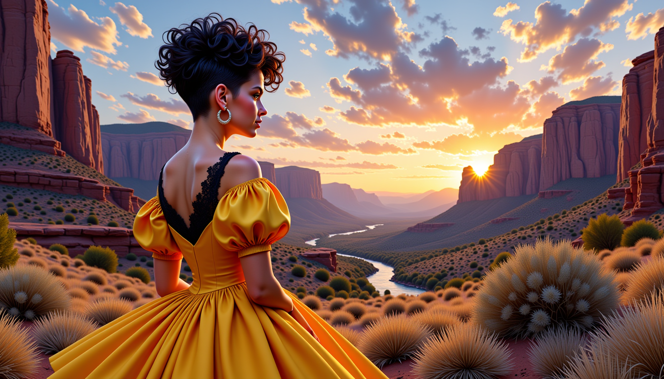 VS-LoRA-Zip2, Pixie4-LoRA12,  a Artgerm comic painting of a 50 age beauty woman, upper body portrait, black pixie with curls on the top of head and super short parts over ears and on nape, the woman looks to the viewer, stands in direction to the viewer, wears a breathtaking yellow dress with puff sleeves and 80's style lace at the neckline, a amazing view to a landscape in Utah with rocks and a river in twilight mood as background, 4K