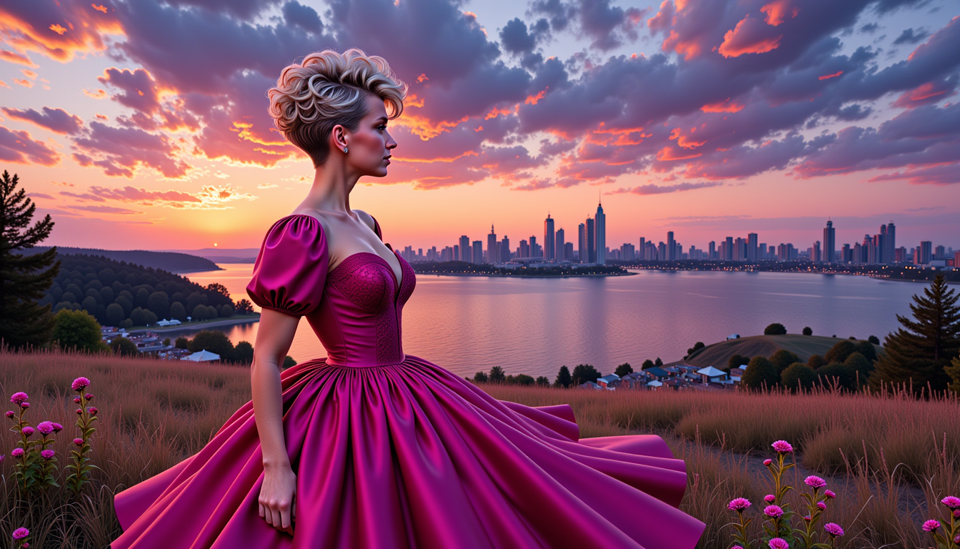 VS-LoRA-Zip2, Pixie4-LoRA12,  a Artgerm comic painting of a 50 age beauty woman, upper body portrait, dark blonde pixie with curls on the top of head and super short parts over ears and on nape, the woman looks to the viewer, stands in direction to the viewer, wears a breathtaking dark pink dress with puff sleeves and 80's style lace at the neckline, a amazing view to a landscape in Michigan with a lake and a view to a cityline in twilight mood as background, 4K