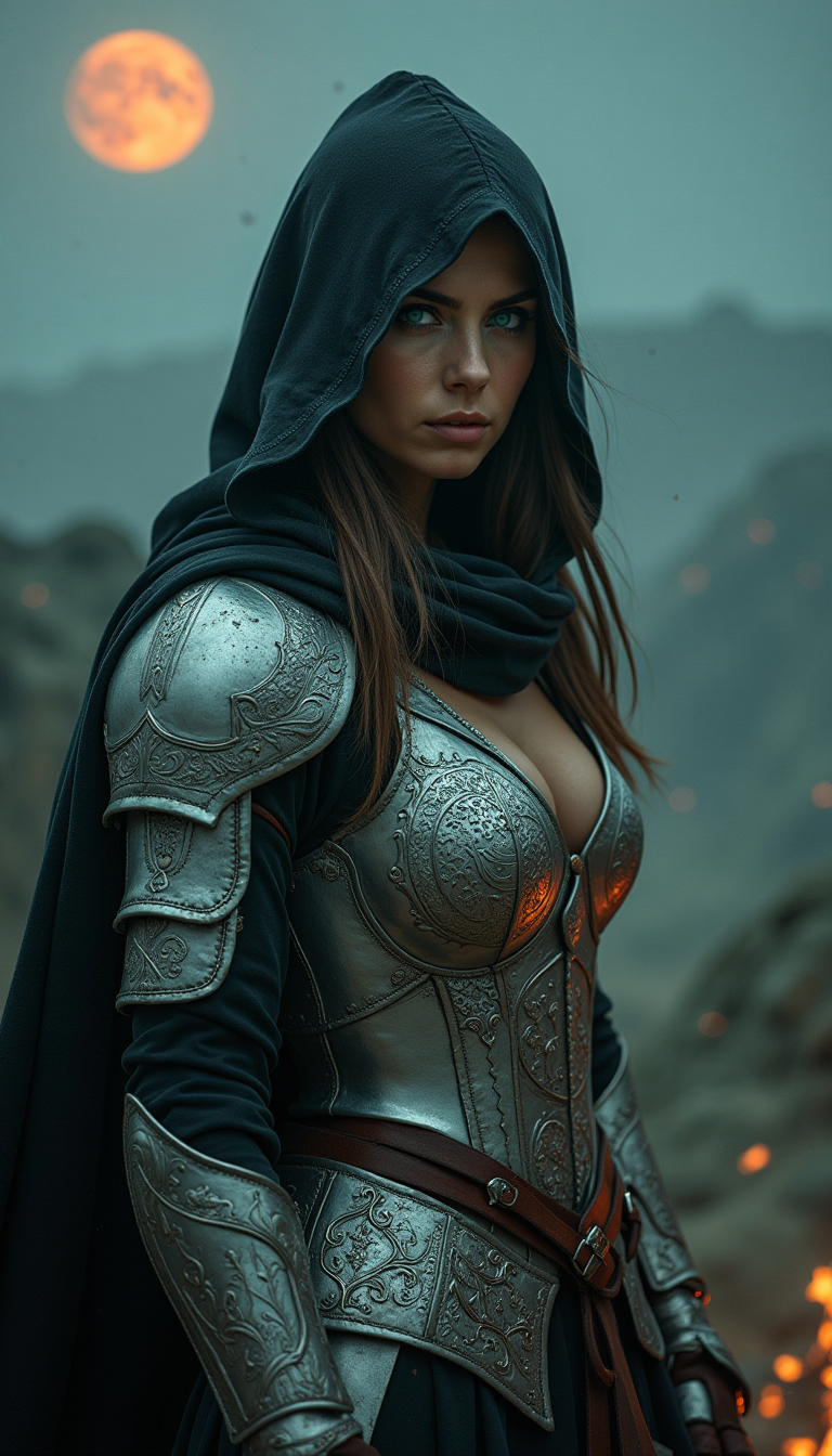 a stunning, high-contrast, cinematic photograph of a legendary female assassin, enveloped in an aura of mystery and lethal intent, set against the backdrop of a mist-shrouded, medieval battlefield at dusk. Her piercing, emerald-green eyes, fringed with dark eyelashes, gaze intensely from beneath a tattered, black hood, as if piercing through the veil of fate. Her intricately engraved, silver armor, adorned with mysterious runes, glimmers in the flickering torchlight, accentuating her athletic yet lithe physique. A curved, ornate dagger, its blade etched with ancient, mystical symbols, rests in her hand, radiating an otherworldly power. The air is electric with tension as she stands atop the crumbling battlements of a ruined castle, bathed in the eerie, crimson glow of the moon, which casts long, ominous shadows across the misty landscape. Ethereal, golden embers, infused with an essence of magic, drift languidly through the night air, as if drawn to the assassin's enigmatic presence. The scene is awash in dramatic, cinematic lighting, blending mystery, magic, and the unyielding spirit of a warrior bound by destiny, evoking a sense of surreal, photorealistic wonder, with a subtle, film-grain texture.