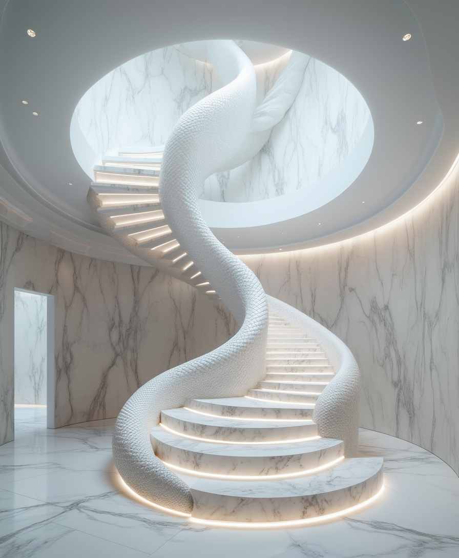 White Marble Snake Staircase
Prompt: A luxurious spiral staircase designed in the shape of a giant serpent, crafted from pure white marble. The surface is intricately carved with lifelike snake scales, and the snake’s head rests at the base of the stairs. Soft LED lighting glows beneath each step, adding an ethereal touch to the elegant and futuristic interior.