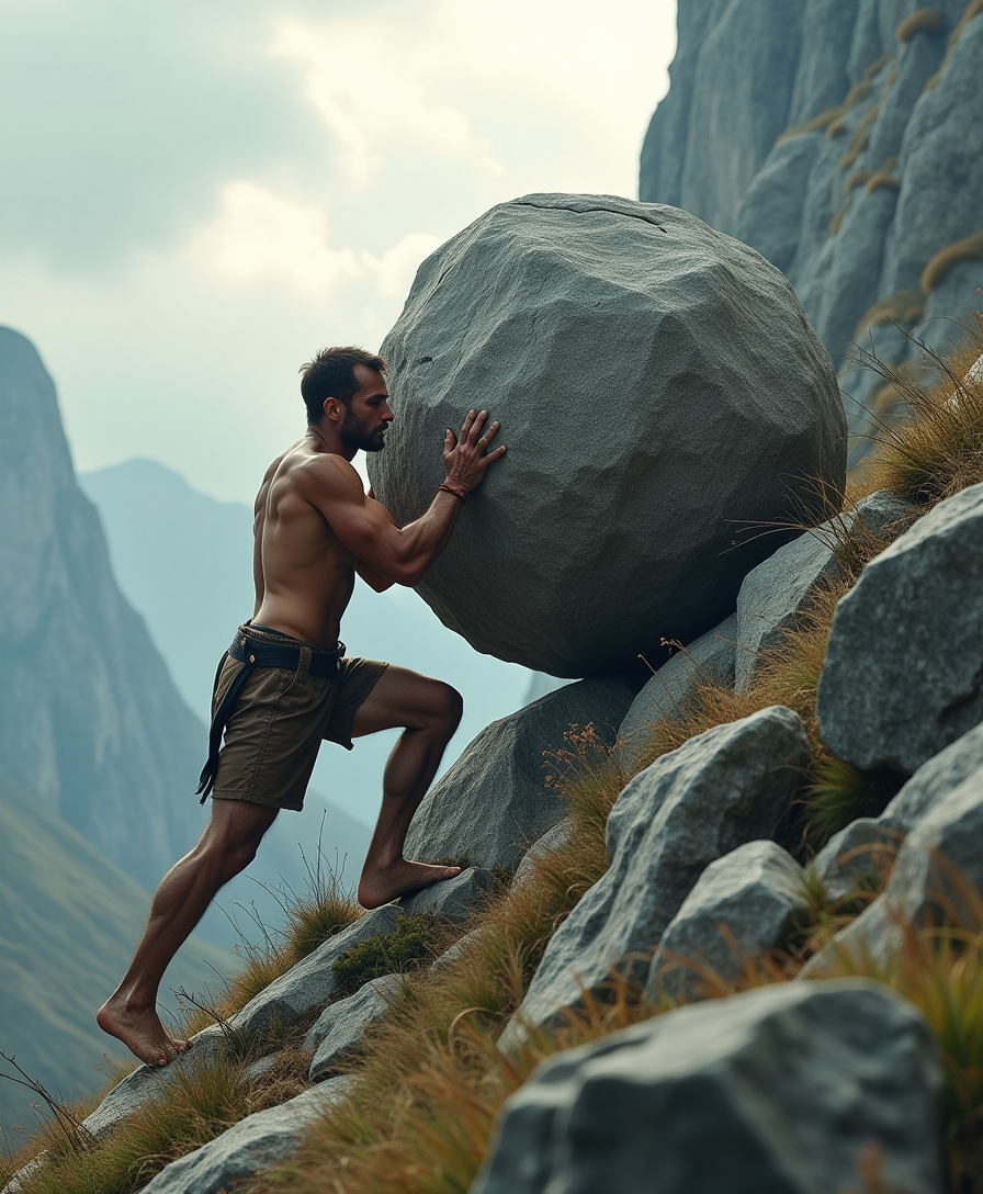 Create a highly detailed and dramatic image of a solitary man struggling to push an enormous, weathered boulder up a steep, rugged mountain slope. The man should be muscular and determined, with sweat dripping from his brow, wearing tattered clothing that suggests he has been toiling for hours. The boulder should be massive, with rough, textured surfaces and visible cracks, emphasizing its immense weight. The environment should be a harsh, rocky landscape with jagged cliffs, sparse vegetation, and a cloudy, overcast sky that adds to the sense of struggle and isolation. The lighting should be dynamic, with soft, diffused sunlight breaking through the clouds, casting long shadows and highlighting the textures of the rock and the man's strained muscles. The composition should convey a sense of monumental effort and perseverance, evoking the myth of Sisyphus but with a more realistic and gritty aesthetic 