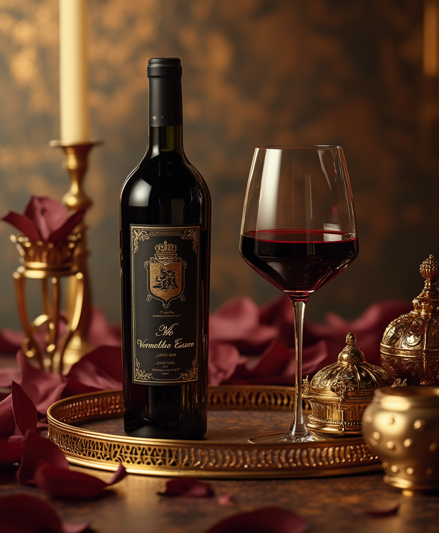 A sophisticated professional photograph featuring a luxurious still life setup with a rich, dark red wine, dubbed Vermelho Escuro, as the central focus, surrounded by elegant, golden accents and ornate details, with a warm, soft lighting that accentuates the subtle nuances of the wine's color, creating an inviting and opulent atmosphere, captured in a high-end photography style with exceptional clarity and depth, incorporating a shallow depth of field to draw the viewer's attention to the wine, with a blurred, yet curated, background that complements the golden and red hues, and a slight sense of movement or blur around the edges to convey a sense of sophistication and refinement.
