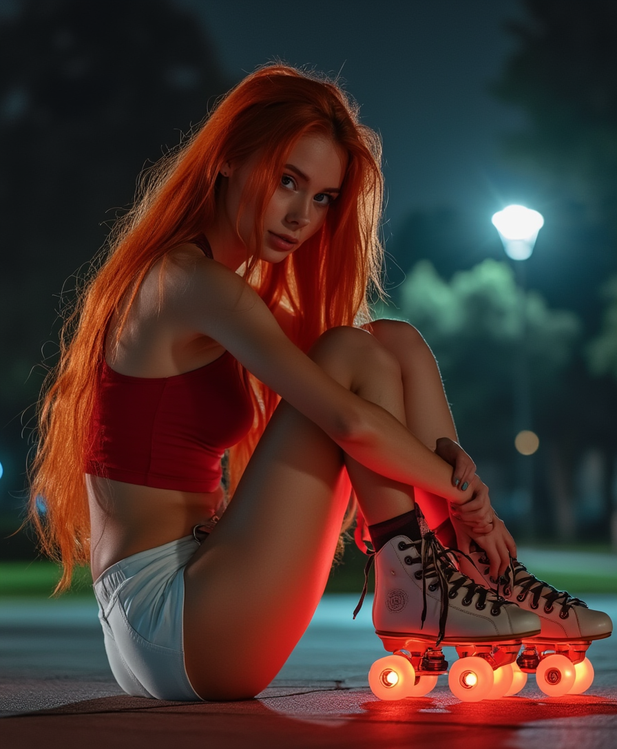 Skater girl with long red hair, wearing red belly free tank top and white tight shorts, skates with glowing wheels, sitting and relaxing on park bank with crossing legs, night shots, very low light, iPhone 16 Max shot