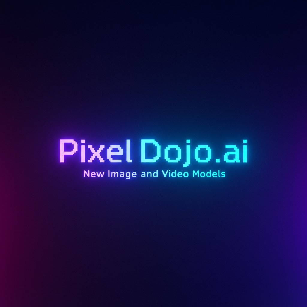 **Prompt:**

A sleek, modern digital artwork featuring the text "PixelDojo.ai" prominently at the top in a futuristic, pixelated font, glowing with neon blue and purple hues. Below it, in the center of the composition, the words "New Image and Video Models" are displayed in a crisp, clean sans-serif font, with each word on a new line for emphasis. 

- **Visual Details:** 
  - The background is a dark gradient, transitioning from deep indigo at the top to a vibrant purple at the bottom, creating a sense of depth and technology.
  - "PixelDojo.ai" has a slight pixelation effect with each letter subtly outlined in a neon light, enhancing the digital theme.
  - "New Image and Video Models" is in white, with a slight glow effect, ensuring readability and prominence.

- **Style:** 
  - The overall style is cyberpunk, with elements reminiscent of futuristic digital interfaces, akin to the aesthetics seen in sci-fi movies and video games.

- **Composition:** 
  - The text is centered, creating a focal point. The camera angle is straight-on, emphasizing the symmetry and modernity of the design.
  - A slight vignette effect around the edges to focus attention on the central text.

- **Mood and Atmosphere:** 
  - The scene conveys innovation, excitement, and the cutting-edge nature of digital technology. The neon lights and pixelation suggest a dynamic, evolving digital environment.

- **Technical Aspects:** 
  - Use of soft focus around the edges to make the text pop, depth of field to give the letters a 3D effect, and a high contrast ratio for a striking visual impact.

- **Cohesion:** 
  - The composition, color scheme, and text styling all work together to create an image that feels like a glimpse into the future of digital art and technology, perfectly encapsulating the essence of PixelDojo.ai's new offerings.