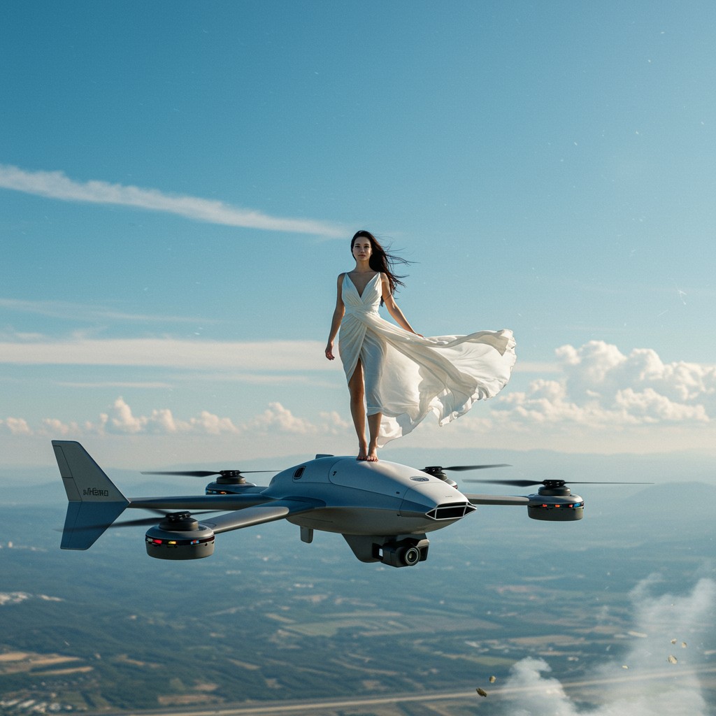 A **futuristic** and **dynamic** photograph capturing a **woman** in her **early thirties**, **elegant** and **confident**, standing atop a **sleek, modern drone**. She is **dressed in a flowing, white dress** that **billows** with the wind, her **long, dark hair** streaming behind her like a **banner**. The **drone**, with its **futuristic design** and **aerodynamic shape**, is **surging** through the **sky** with **speed**, the **background** showcasing an **expanse of clear, blue skies** and **scattered clouds**. 

- **Style**: The image should mimic the **aesthetic of sci-fi concept art**, with **high contrast** and **vibrant colors** to enhance the sense of **motion** and **adventure**.
- **Composition**: **Centered subject**, with the **camera angle** from **slightly below** to **exaggerate the height** and **drama** of the scene. The **frame** includes the **woman's full figure**, the **drone**, and **expansive skies** around her.
- **Mood and Atmosphere**: **Exhilarating**, with **sunlight casting dramatic shadows** and **highlights**, suggesting **adventure** and **freedom**. The **atmosphere** is **crisp** and **clear**, with a **hint of wind** to add **movement**.
- **Technical Aspects**: **High shutter speed** to freeze the **action**, **shallow depth of field** to blur the background and focus on the subject, **HDRI lighting** to capture the **intense contrast** between the **bright sky** and **darker drone** elements.