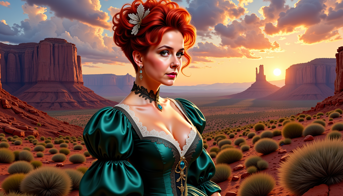 Pixie-LoRA12I, FantasyWomanLoRa, a Artgerm comic painting of a beauty woman, upper body portrait, red hair updo in victorian style, large breasts, the woman looks to the viewer, wears a dark green victorian dress with puff sleeves and 1880's style lace at the neckline, a amazing view to a landscape of Utah in twilight mood as background, 4K