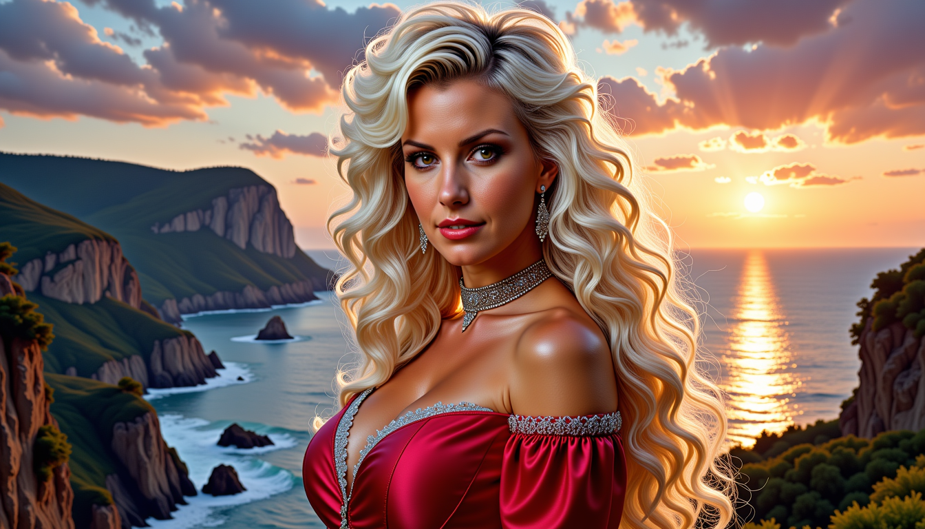 FantasyWomanLoRa, FH-LoRA-12, , Amazing oil upper portrait of comic character  Power Girl, long white blonde wavy hair, beautiful face and aura, stunning hero dress, looking at you, perfect centered, amazing view to a exotic landscape as background,twilight mood, ultra realistic detail, 4K, HDR gloomy, choker style colar, detailed face, magic fantasy, wow effect, sticker, 2d cute, fantasy, dreamy, by Tim Burton, professional, sleek, modern, minimalist, graphic, line art,