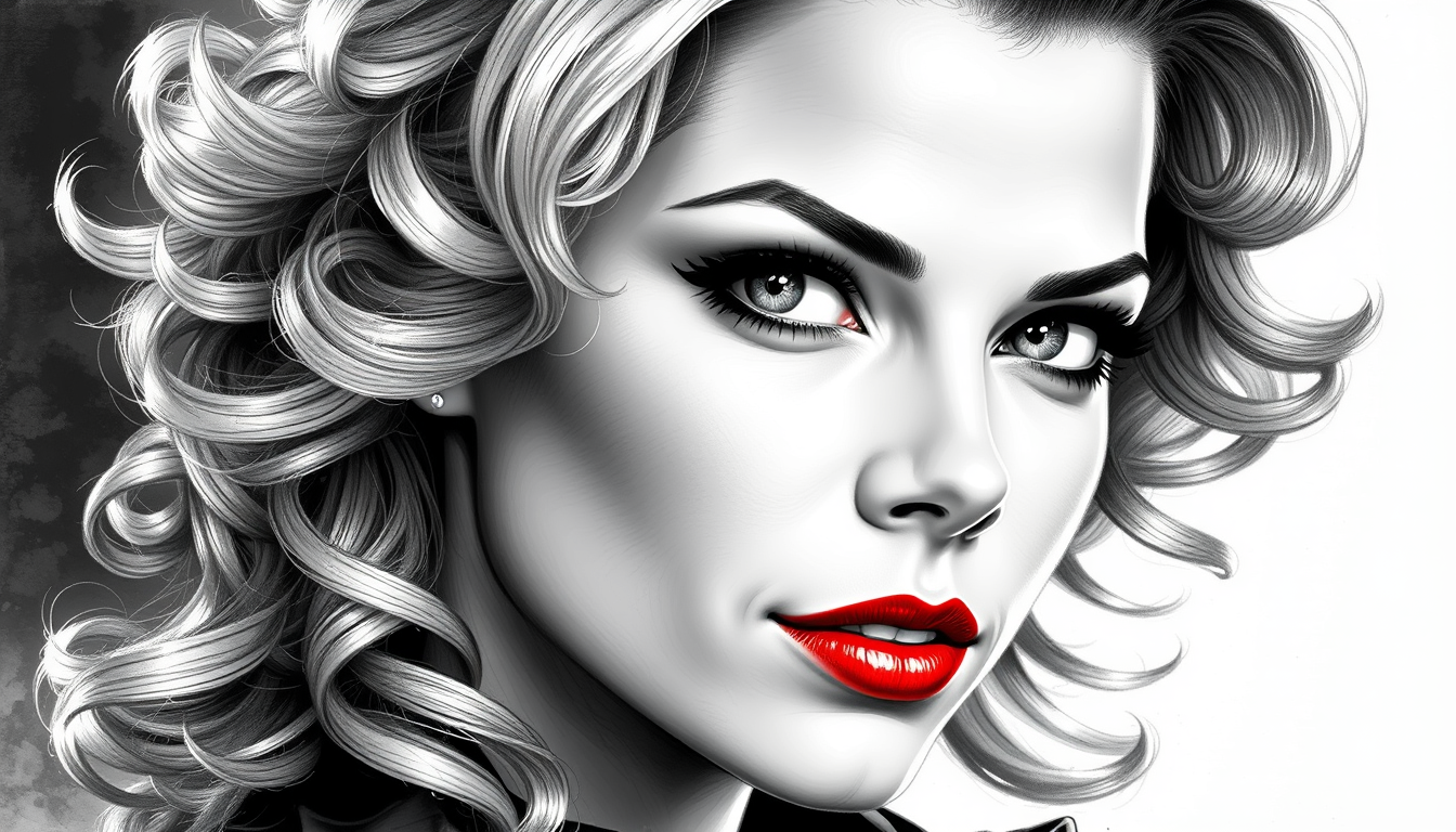 **Prompt:**

Create a **charcoal sketch portrait** of a young woman resembling Black Canary:

- **Hair**: Blonde, curly, voluminous, with natural, cascading waves.
- **Eyes**: Large, luminous, and inviting, exuding warmth and elegance, detailed with fine lines to capture the light's reflection.
- **Lips**: Bright red, full, with a glossy finish, standing out against the monochromatic sketch.
- **Face**: Youthful, with smooth, soft skin texture; facial features rendered with **ultra-realistic detail**, capturing every nuance of expression.
- **Lighting**: Dramatic, with strong contrasts; light source from above, casting deep shadows and highlights to emphasize the form and depth.

**Composition and Framing**: 
- Subject positioned in a three-quarters view, with her gaze slightly to the side, engaging the viewer with a sense of mystery.
- Framed using the **golden ratio** for aesthetic balance, ensuring the portrait's composition is pleasing and harmonious.

**Mood and Atmosphere**: 
- The portrait exudes **youthfulness and vitality**, yet there's an underlying depth and quiet strength in her expression.
- The ambiance is one of quiet elegance, with a touch of drama from the lighting, creating a compelling contrast between light and shadow.

**Technical Aspects**: 
- Use **charcoal** with soft textures and subtle shading to convey the gentle nuances of the face and hair.
- Employ **chiaroscuro** to enhance the dramatic effect, with sharp transitions between light and dark to define facial features.
- The background should be minimalistic, allowing the subject to dominate the frame, with a slight suggestion of a dark, neutral backdrop to isolate and highlight the subject.