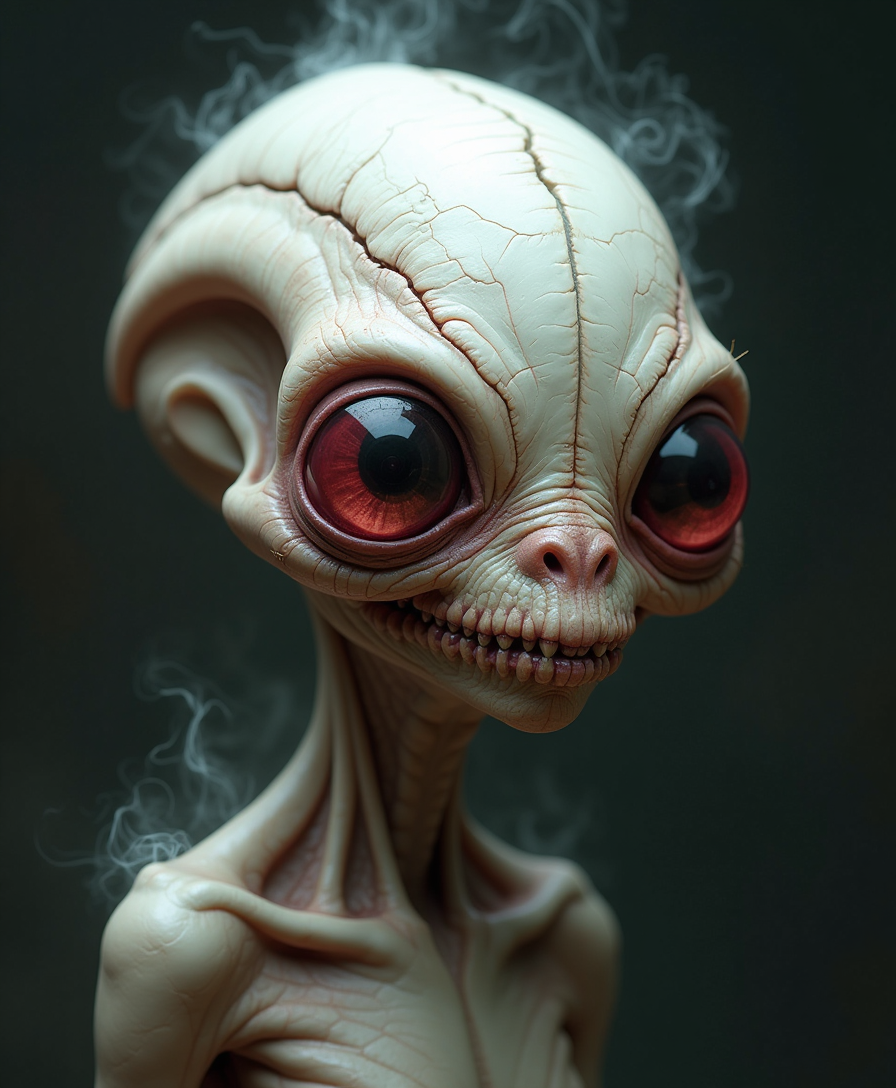 Example: A chilling yet strangely endearing full-color portrait of an alien with a grotes