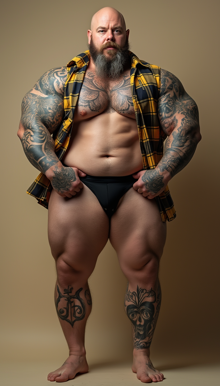 This is a high-resolution photograph featuring An exceptionally muscular middle-aged bald man with a full beard and moustache and a large muscular physique, showcasing extremely huge exaggerated muscles, especially in his arms, chest, legs and bulge crotch standing against a plain, beige backdrop. The man's physique is prominently displayed, showcasing his broad shoulders, well-defined chest, and thick arms adorned with extensive tattoos. His chest and arms are covered in intricate, black and grey tattoos, including a large, detailed sleeve on his left arm. He is wearing a yellow and black checkered flannel shirt, which is unbuttoned and draped open to reveal his muscular torso and a black thong. His thighs and calves are also tattooed with designs. The man's facial expression is confident and slightly assertive, with his head tilted slightly to the side. The lighting is even, highlighting the details of his tattoos and the texture of his skin. The overall mood of the image is bold and masculine, emphasizing strength and individuality through the subject's physique and tattoos.