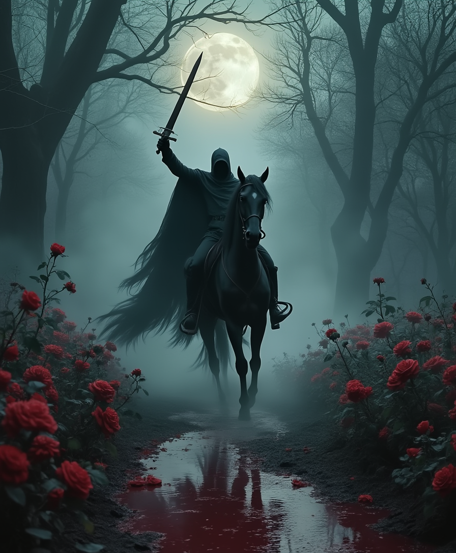Example: Headless horseman riding a ghostly black horse through a dense forest at midnigh