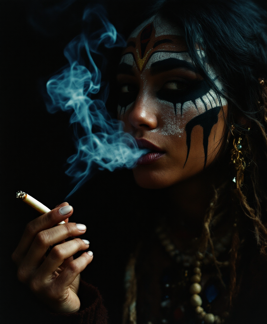 Example: Photo of a native american woman smoking a cigarette