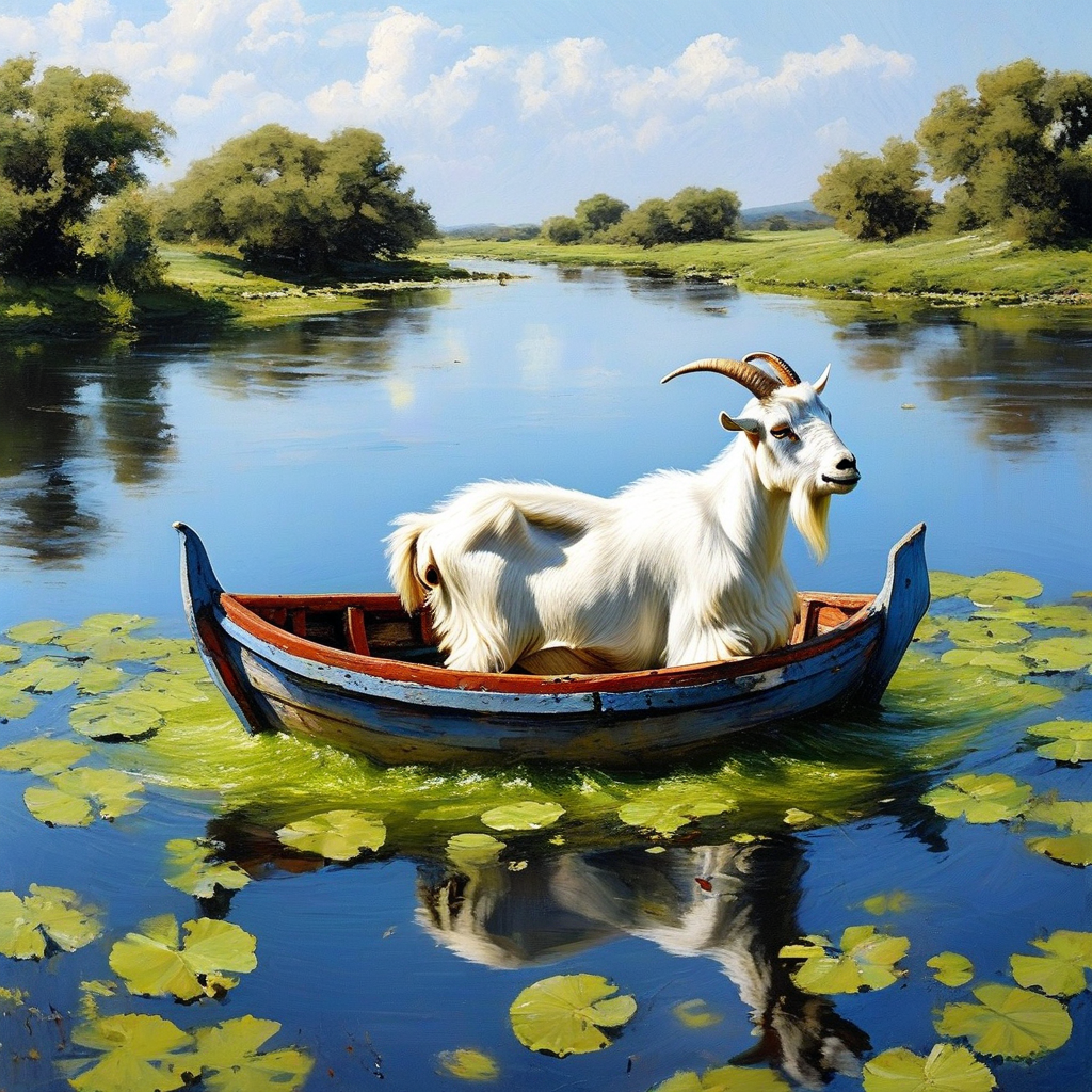 a goat in a boat in a moat
