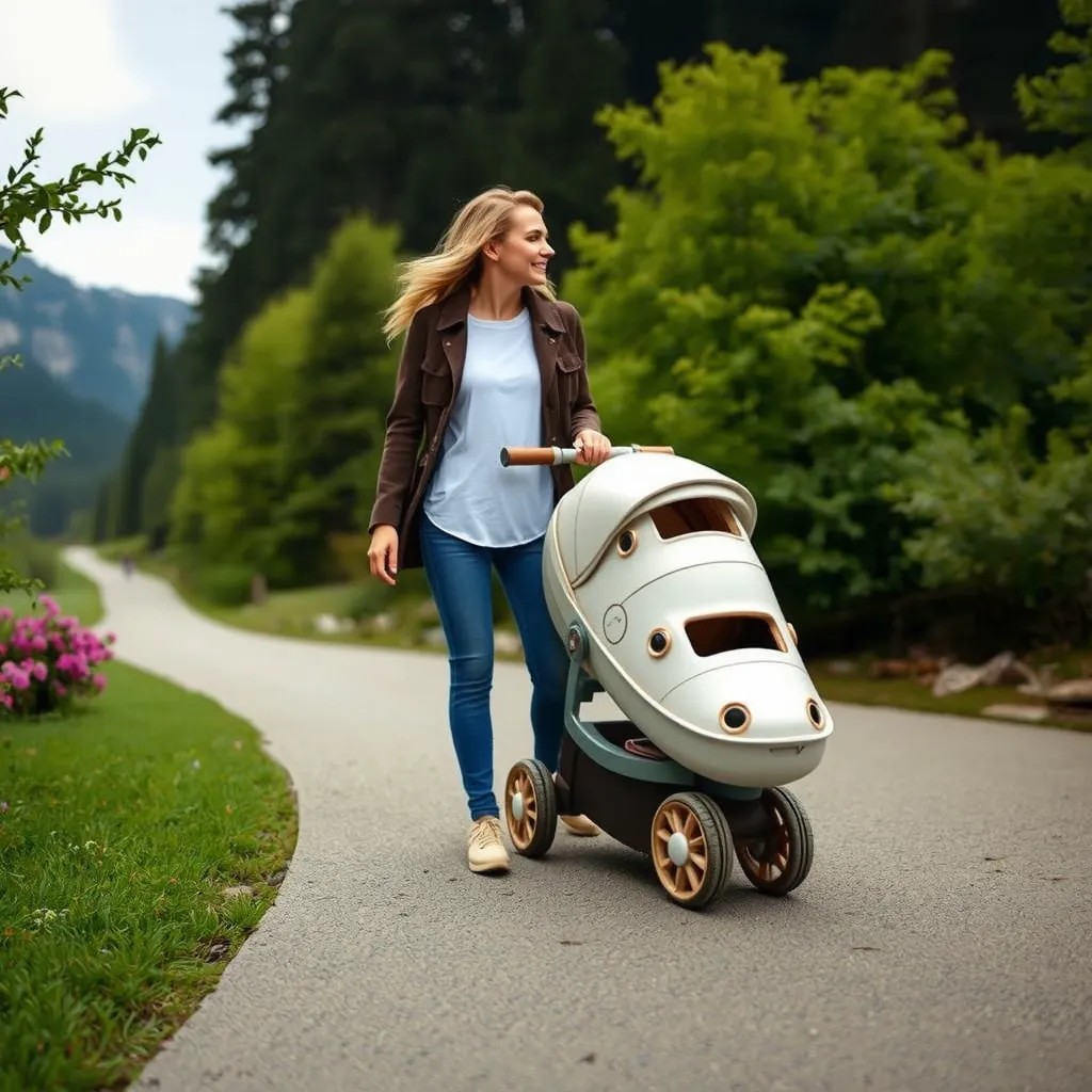 Example: A woman pushing a stroller in this style