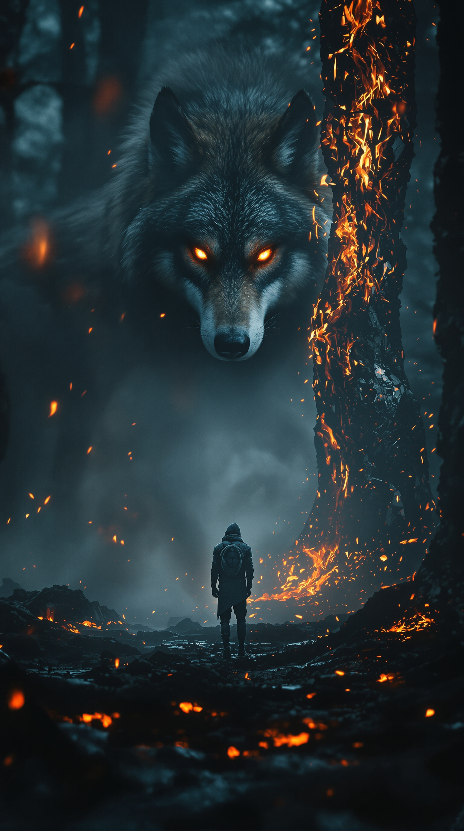 Example: A fierce alpha wolf standing face-to-face with a shadowy predator in a misty for