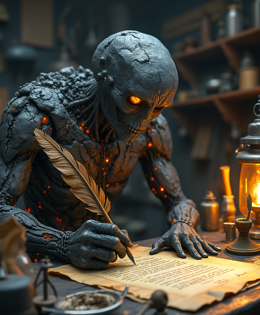 Depict the meteorite man, a humanoid figure composed of dark grey, rough-textured meteorite fragments, with glowing orange veins pulsing beneath his rugged, rocky skin, standing at a cluttered, makeshift workbench surrounded by various scientific instruments and tools, intently focusing on crafting a formal document with a worn, wooden quill pen, the parchment illuminated by a nearby, soft-glowing lantern, as he signs his name with a flourish, declaring himself a scientist, with a hint of confidence and a dash of mischief in his eyes, which shine like polished, dark gemstones.