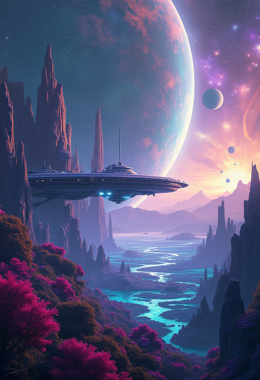 Example: Create an ethereal fantasy concept art of a science fiction landscape featuring 