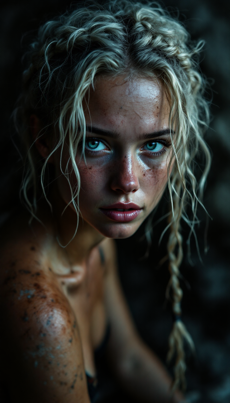 A gritty, high-contrast cinematic keyframe of an attractive young woman with a round, tear drop face and long curly white blond hair in a messy braid (dimpled cheeks and chin), working in the mines, sweating, bra made of a cloth wrap, with a shallow depth of field, featuring a blurred background and a subject in focus, evoking a sense of intimacy and drama. Inspired by the works of Maciej Kuciara, Jama Jurabaev, and Wojtek Fus, this image blends the richness of cinematic color grading with the timeless charm of film photography. The color palette is a mix of deep, muted tones with bursts of vibrant colors, reminiscent of Kodak Porta 400 and Cinestill 800 film stocks. The lighting is moody and cinematic, with subtle vignette and bokeh effects that draw the viewer's attention to the subject. The overall aesthetic is filmic, with a grainy texture that adds to the image's emotional depth. The composition is carefully balanced, with negative space used effectively to create a sense of tension and atmosphere.