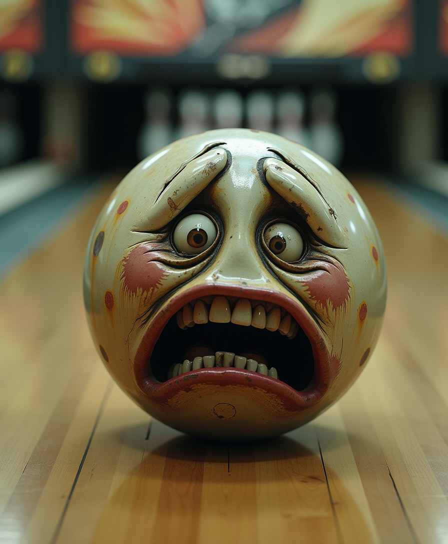 A breathtakingly detailed and vivid cinematic photograph of a worn, grimy, and decrepit bowling ball with a downtrodden, sorrowful expression, its surface weathered to a dull sheen, featuring a toothless mouth and a few scattered, open eyes, faded scratches, set against a pristine, background bowling alley that accentuates its griminess, captured in a photorealistic style with a refined, subtle film grain that adds a sense of nostalgia and aged authenticity, as if plucked straight from a vintage film reel.