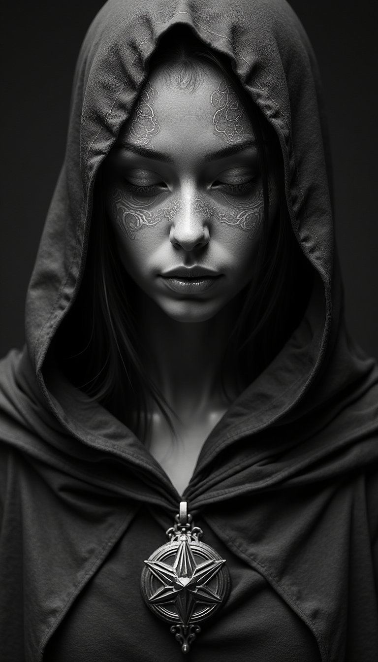 Close-up grayscale portrait of a mysterious figure, likely female,  with an ethereal, almost sculpted visage.  Intricate, swirling patterns resembling marbled stone or ink create texture on the face and cloak,  giving an otherworldly, ancient quality. The figure's expression is contemplative, almost melancholic, with a subtle downward tilt of the head and eyes.  The attire is a dark, flowing robe or cloak,  draped with deep shadows and folds, suggestive of a heavy fabric with a rough texture.  A stylized, silver-gray emblem resembling a star or celestial body is centered on the chest.  The lighting is dramatic, focusing on the face and accentuating the deep shadows.  The composition is a tight, detailed close-up, highlighting the subject's facial features and the intricate patterns on her cloak.  The overall style is dark, atmospheric, and suggestive of a mystical or fantasy artwork.  High detail, cinematic lighting,  dark monochrome style.
