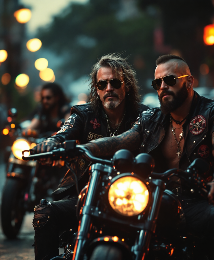 cinematic shot from ground. group of rocker riding their Harley, typically black leather rocker club outfit with symbols and sticker. drinking toward camera, high resolution, 4k, UHD, bokeh