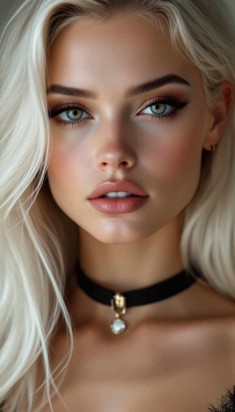 This female character exudes an alluring and enigmatic charm. Her long, silky platinum blonde hair cascades down her shoulders, framing her delicate yet striking features. Her large, captivating eyes are emphasized by dark lashes, giving her a mesmerizing gaze that holds an air of mystery. Her full lips are slightly parted, hinting at both confidence and seduction. She wears a sleek black choker with a metallic accent, adding a rebellious, edgy touch to her otherwise elegant presence. The thin necklace with a delicate pendant rests gracefully on her collarbone, drawing attention to her smooth, flawless skin. Her outfit, form-fitting and stylish, enhances her alluring silhouette, embodying a perfect balance between sophistication and raw sensuality.