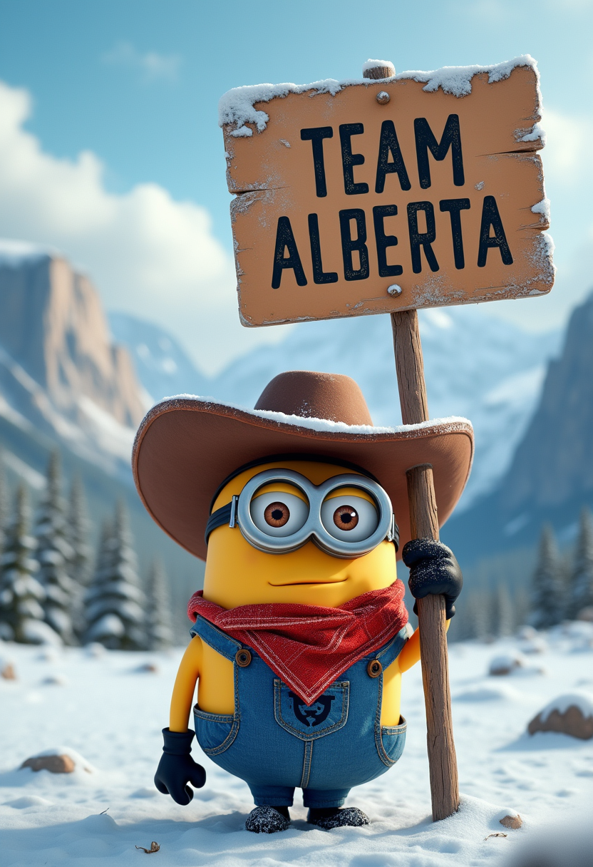 create an photo of a minion wearing a cowboy hat and wearing a cowboy outfit holding a sign above his head that reads "TEAM ALBERTA" background snow capped Canadian rockies