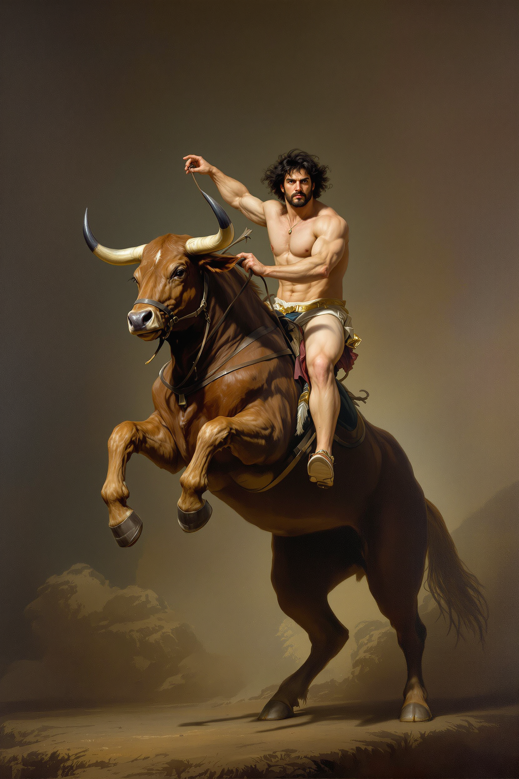 a portrait of a muscular man rider astride a rearing powerful bull, rendered in a classic style with attention to anatomical detail and a sense of noble bearing, set against a subtly textured backdrop. an airbrush acrylic painting, classical style, inspired by the works of Horace Vernet and equestrian art.