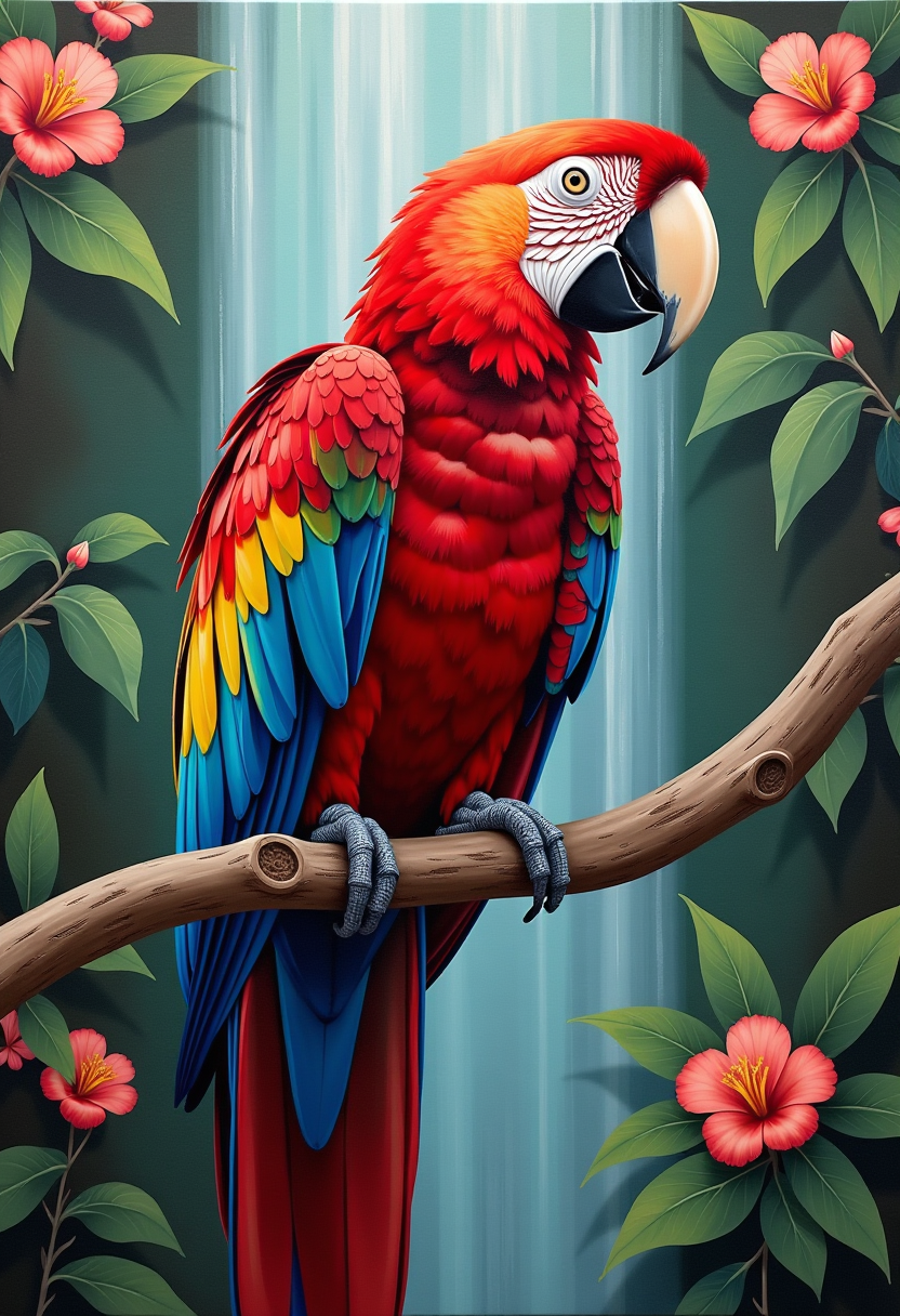  Beautiful Red Macaw perched on a branch backdrop tropical flowers waterfall detail oil paint   *Use Blue Macaw * Green Macaw* Toucan* Cockatiels* All grey Cockatoo * All pink Cockatoo