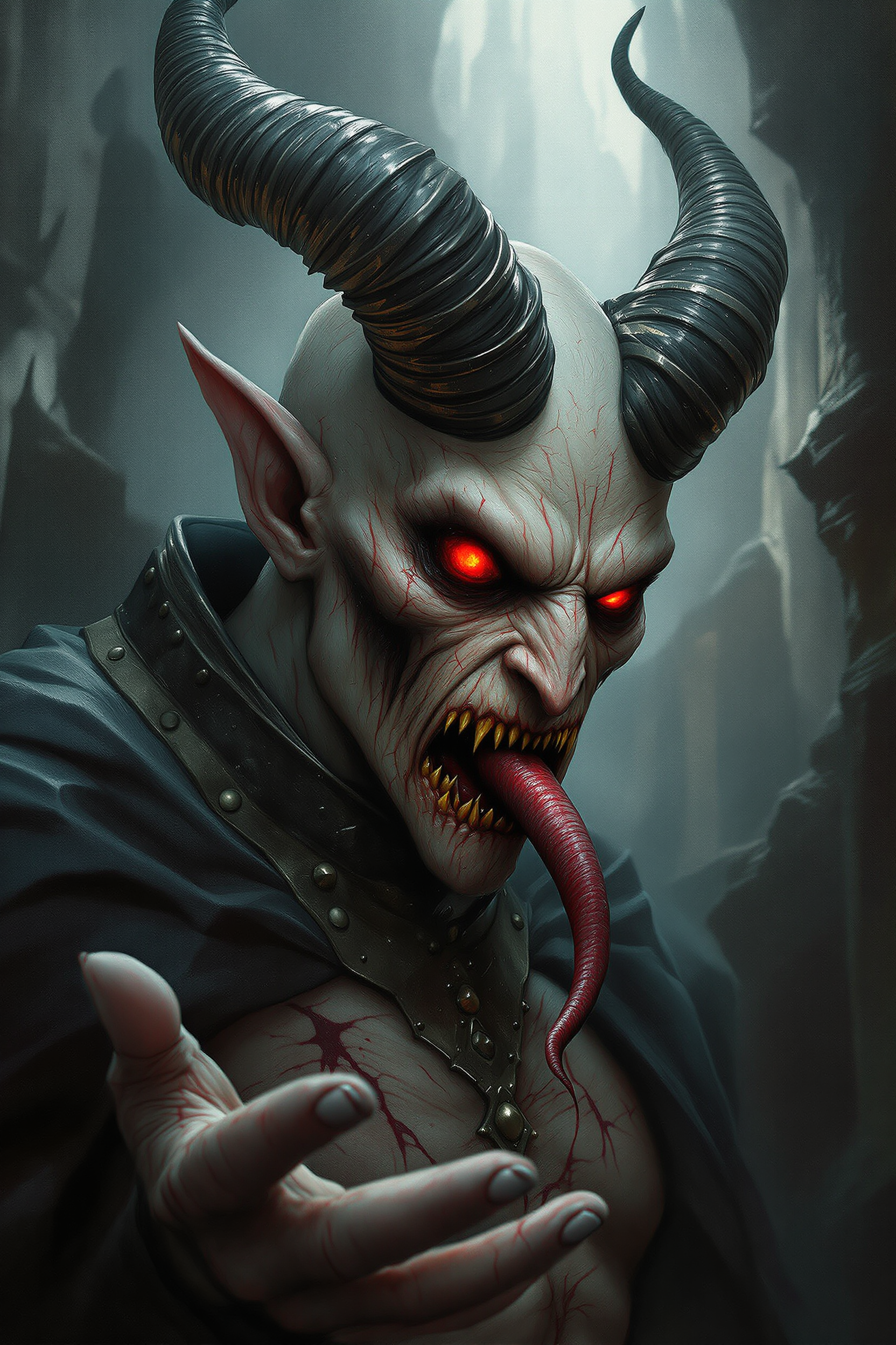 Example: Oil painting:figure of a demon with a slightly protruding-snake and red tongue -