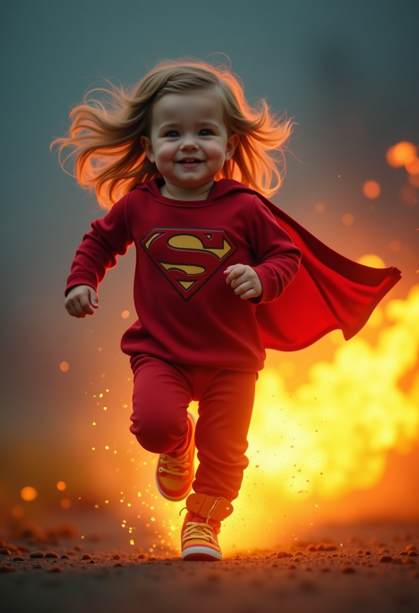 Example: Adorable toddler running so fast there is a trail of flames behind her
