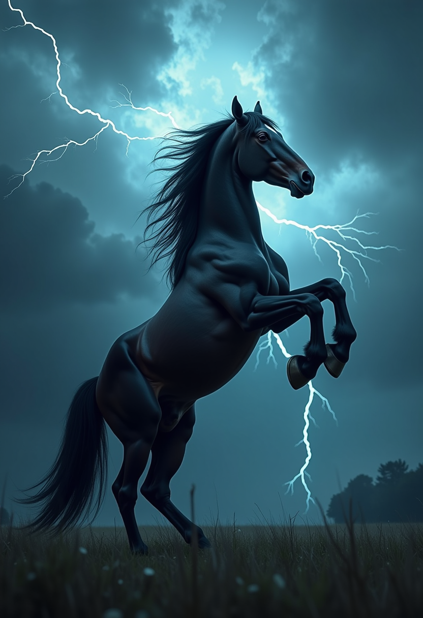 Clydesdale rearing up on its hind legs, its dark coat gleaming under the eerie glow of a stormy sky. The dark sky behind it is filled with swirling storm clouds and flashes of lightning, casting dramatic shadows. full view of the horse